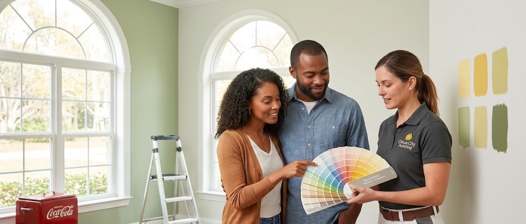 Homeowners discussing paint colors with Citrus City Painting Salesperson.